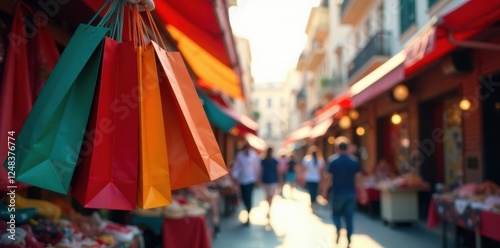 Bustling marketplace, colorful shopping bags overhead, colorful market, overflowing, display