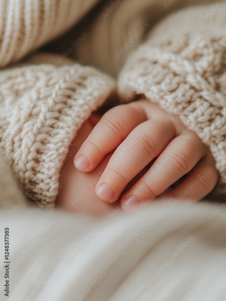 Gentle touch of a babys tiny hand on soft cozy fabric Gentle touch of a babys tiny hand on soft cozy fabric
