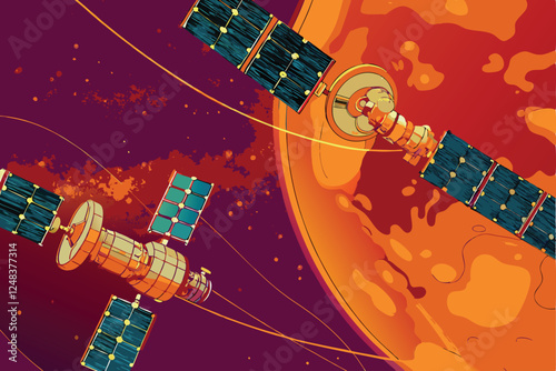 Futuristic space station orbiting Earth, showcasing advanced satellite network and space debris.  Depict innovative technology and human exploration.