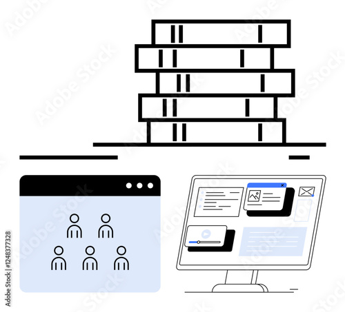 Stack of servers, a user interface with profiles, and a desktop screen displaying content. Ideal for tech, SaaS, cloud storage, user management, web apps, IT systems abstract line flat metaphor