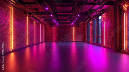 An empty room with brick walls and a neon light 3d render illustration. 3D Illustration