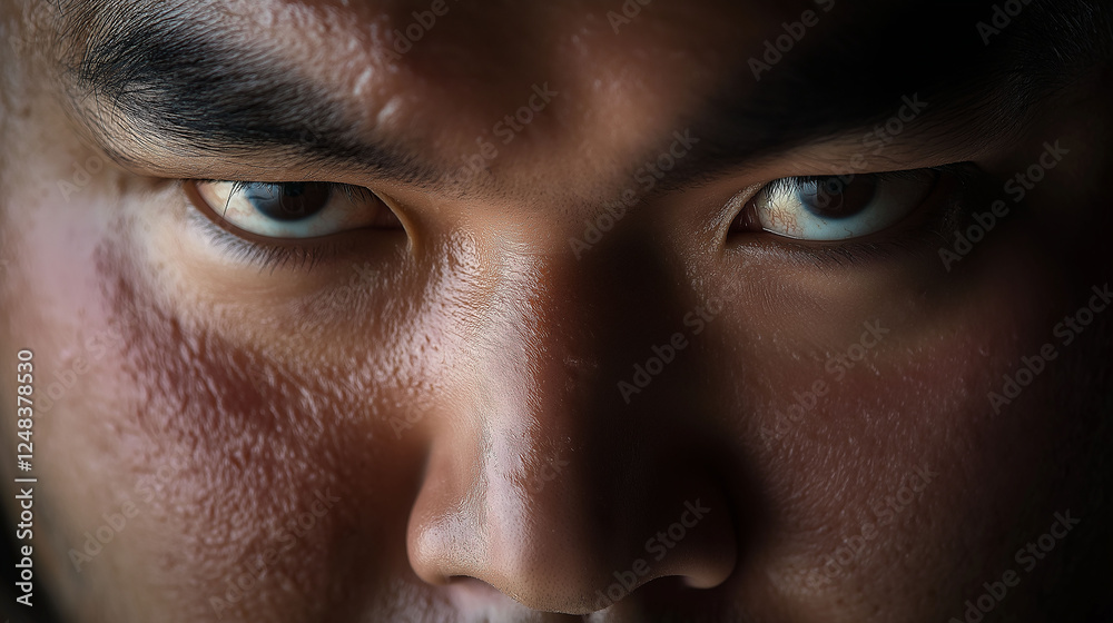 Naklejka premium A Fighter’s Gaze – An extreme close-up of a sumo wrestler’s face just before the match, his deep-set eyes focused, skin glistening, the weight of years of discipline in his expression
