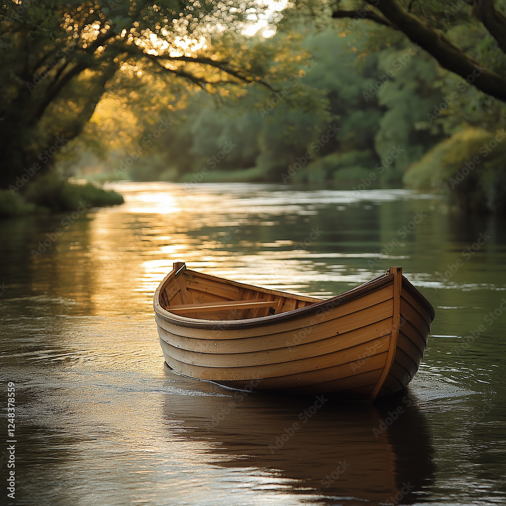 A small boat drifting along a quiet river, with trees reflecting on the water and a calm, peaceful atmosphere A small boat drifting along a quiet river, with trees reflecting on the water and a calm, peaceful atmosphere