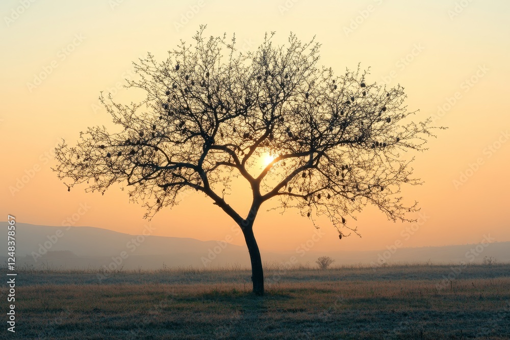 Silhouetted tree at sunrise over a misty field Silhouetted tree at sunrise over a misty field
