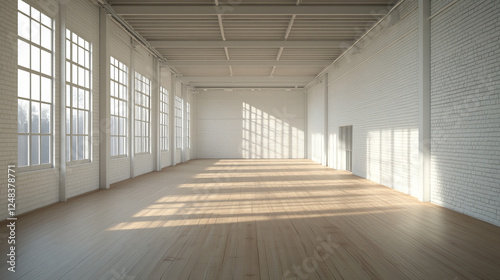 Fototapeta Naklejka Na Ścianę i Meble -  empty white brick wall industrial style bright wood floor 3d render illustration