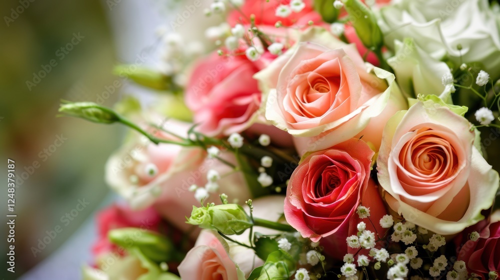Peach roses wedding bouquet closeup, garden background Peach roses wedding bouquet closeup, garden background