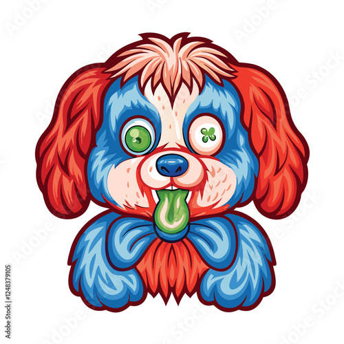 Generate an image of an adorable yet unsettling zombie puppy, its eyes glowing an eerie green.  Focus on the contrast of cuteness and decay.