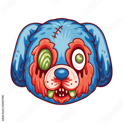 Generate an image of an adorable yet unsettling zombie puppy, its eyes glowing an eerie green, showcasing decaying textures while maintaining a cute, cartoonish style.
