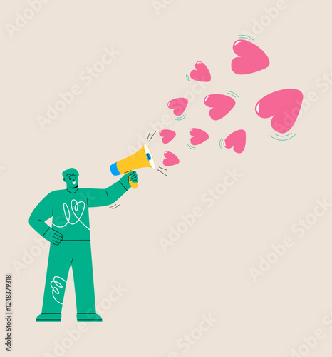 Man holding megaphone spread love. Spread love concept. Colorful vector illustration