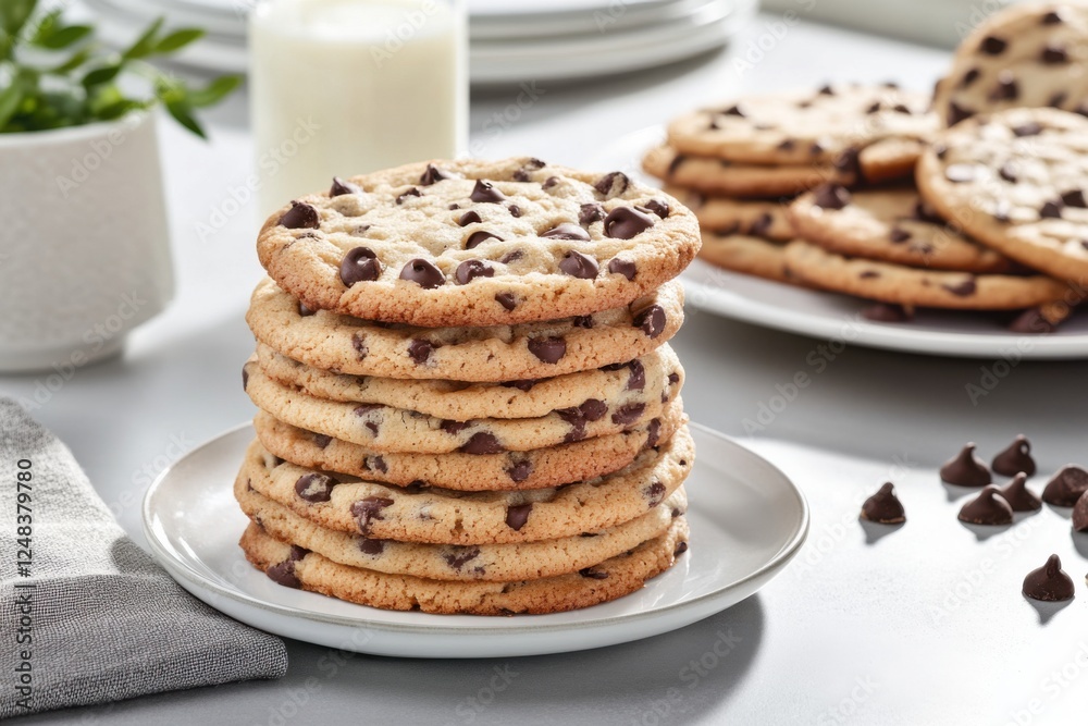 Chocolate Chip Cookies Stacked with Milk on Table Chocolate Chip Cookies Stacked with Milk on Table
