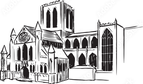 York Minster, York, England black and white ink sketch. Majestic Gothic cathedral with intricate stonework, towering spires, and stunning stained glass windows. Tourism, travel, and cultural heritage 