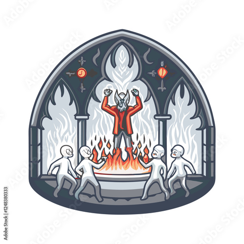 A demonic figure, cloaked in shadows, raises a flaming hand summoning a surging horde of decaying zombies from a fiery chasm.