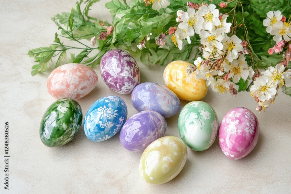 Obraz premium Colorful Easter Eggs with Spring Decorations