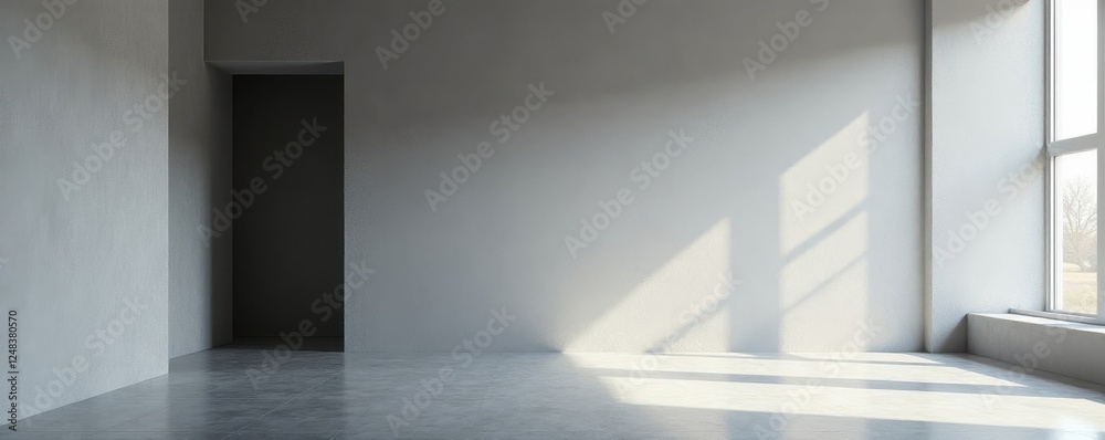 Fototapeta premium Vast gray wall, minimalist hallway, subtle shadows, interior, shadow