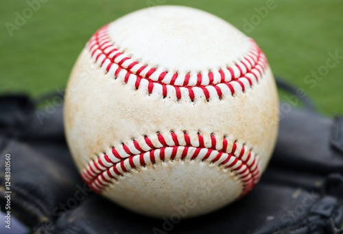 closeup of baseball held in glove