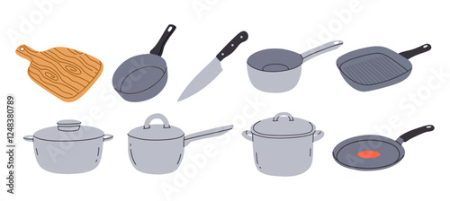 set of kitchen utensils. pots and pans
