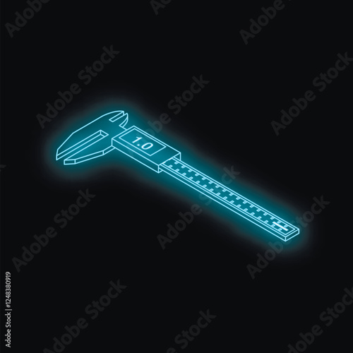 Neon blue vernier caliper showing measurement on a dark background, precision measuring instrument