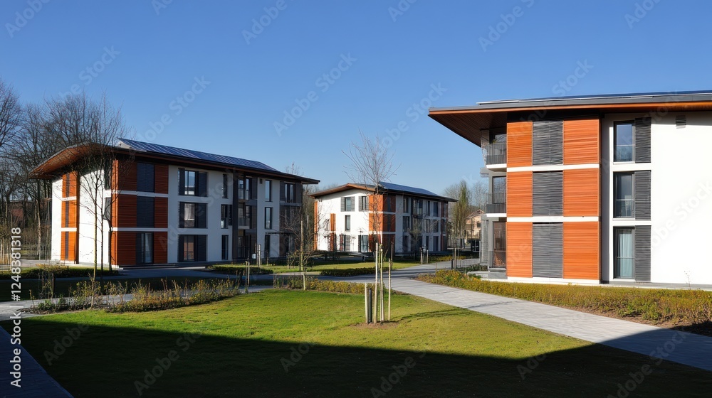 Modern apartment buildings with solar panels and landscaping Modern apartment buildings with solar panels and landscaping