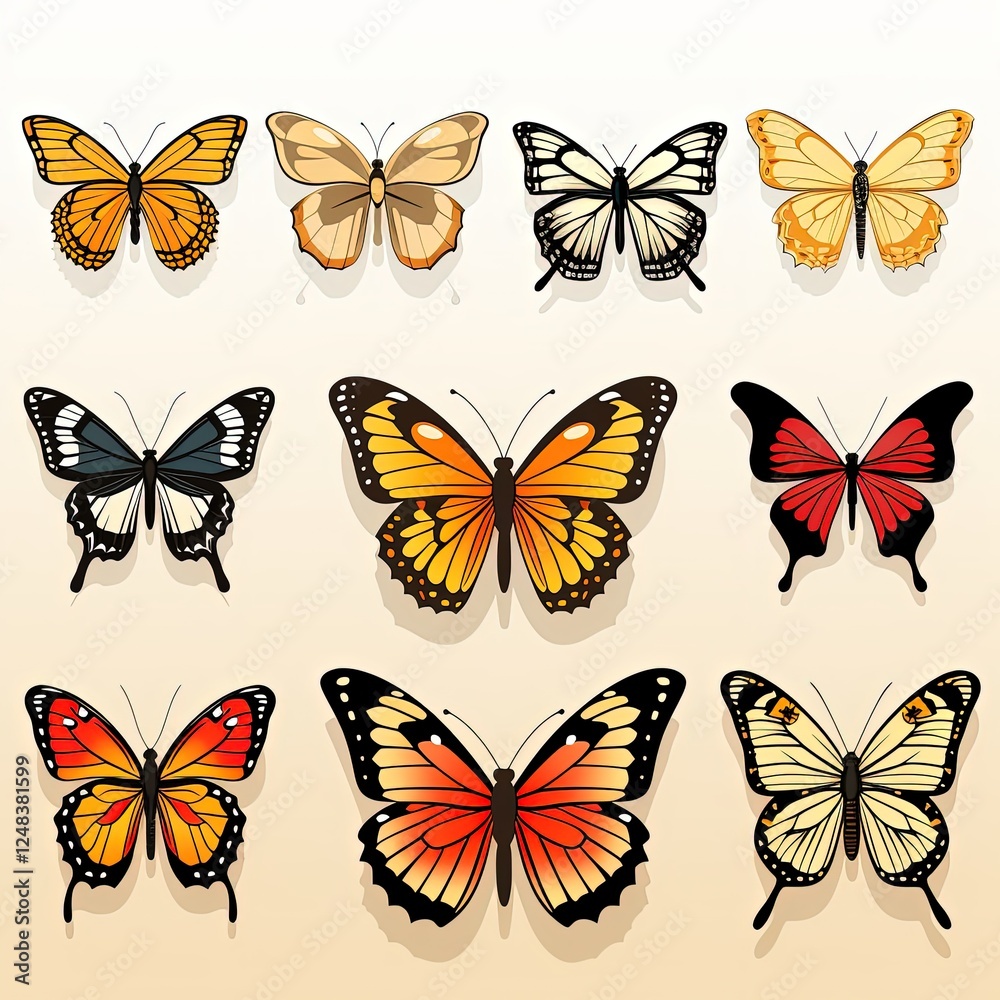 Set of Vibrant Butterfly Vector Stickers on a Plain White Background Set of Vibrant Butterfly Vector Stickers on a Plain White Background