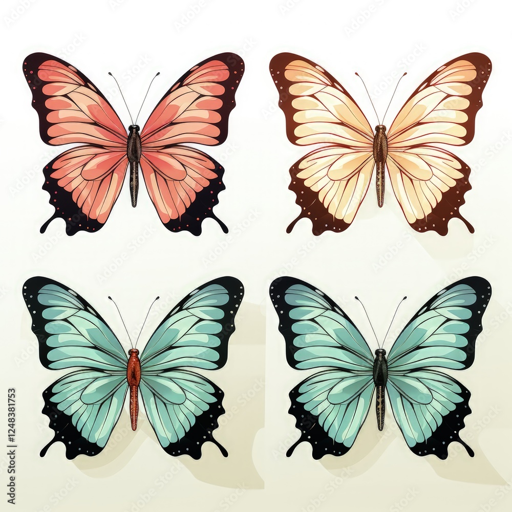 Set of Vibrant Butterfly Vector Stickers on a Plain White Background Set of Vibrant Butterfly Vector Stickers on a Plain White Background