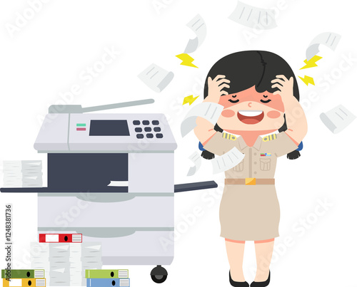 A confused teacher struggles with a broken office multifunction printer and copier