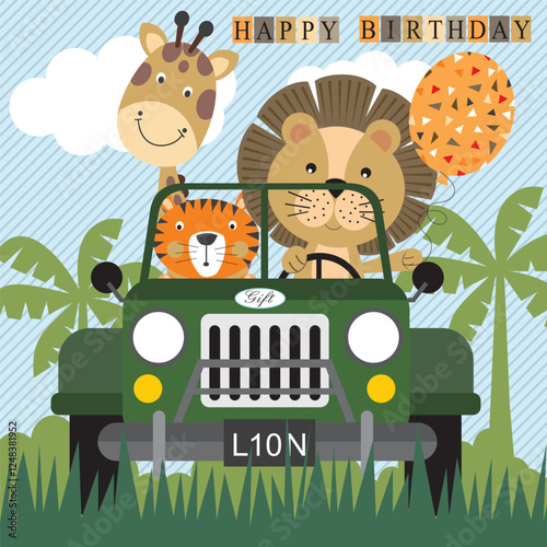 Happy birthday card design with animals on the car