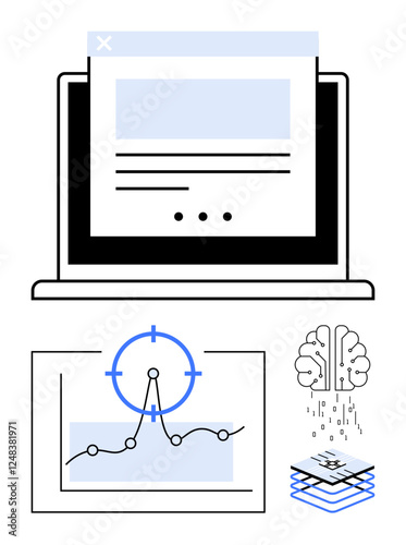 Laptop with a digital interface, AI brain visual, data layer stack, analytics graph and metric pointer. Ideal for technology, AI, data science, innovation, automation statistics digital strategy