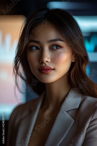 Wallpaper Mural Thoughtful Asian Woman Analyzing Digital Marketing Metrics and KPIs in a Modern Workspace Torontodigital.ca