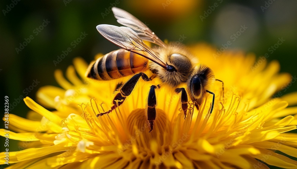 A honeybee collecting nectar from a bright yellow dandelion, with visible pollen grains, highlighting the beauty of nature and pollination.
A honeybee collecting nectar from a bright yellow dandelion, with visible pollen grains, highlighting the beauty of nature and pollination.