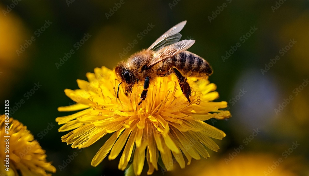 A honeybee collecting nectar from a bright yellow dandelion, with visible pollen grains, highlighting the beauty of nature and pollination.
A honeybee collecting nectar from a bright yellow dandelion, with visible pollen grains, highlighting the beauty of nature and pollination.