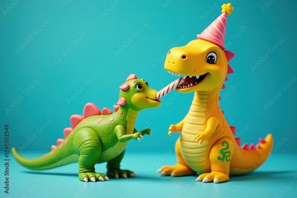 Naklejka premium Happy yellow dinosaur munching birthday cake on blue , adorable, illustration, prehistoric
