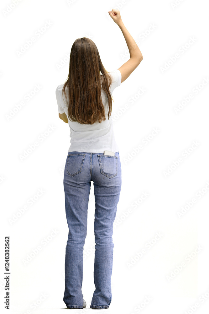 A woman, full-length, on a white background, rejoices A woman, full-length, on a white background, rejoices