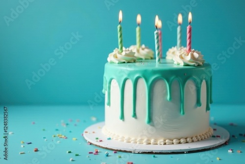 Happy birthday cake, white, teal ganache drip, blue backdrop , delicious, sweet photo