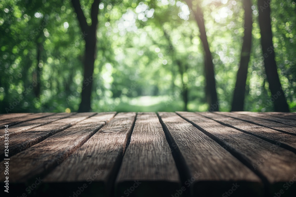 Wooden tabletop in a sunlit forest Wooden tabletop in a sunlit forest