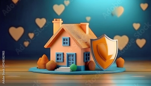 A colorful model house with a protective shield, symbolizing home safety and security, set against a backdrop of floating hearts. photo