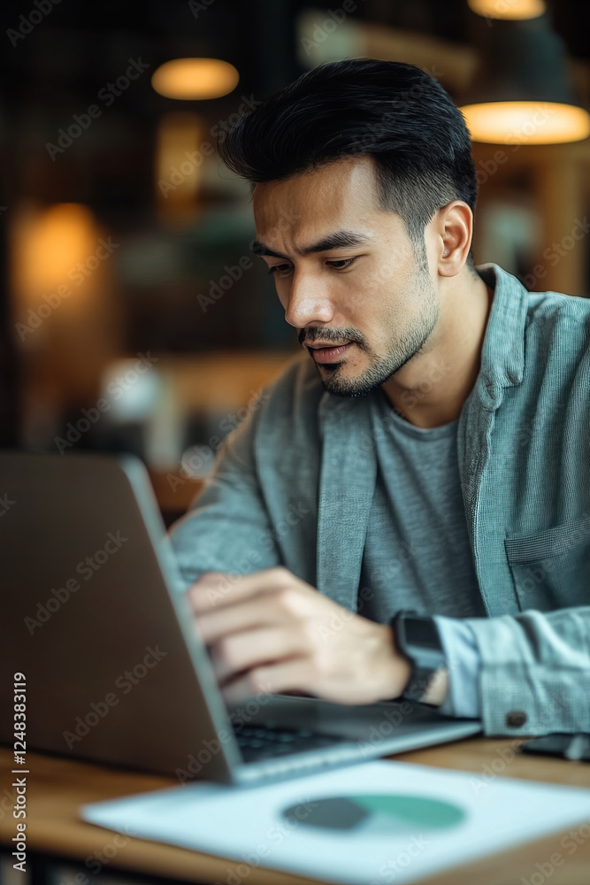 Asian man reviewing customer data and insights on laptop in a modern workspace environment Asian man reviewing customer data and insights on laptop in a modern workspace environment