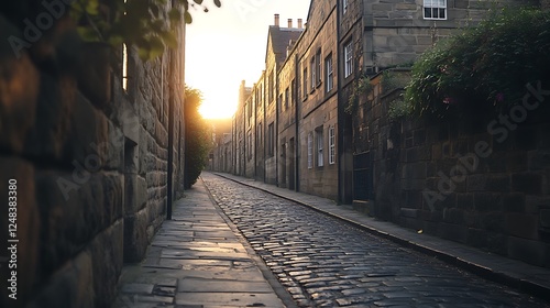 Golden Hour Illuminates Cobblestone Street in Old Town