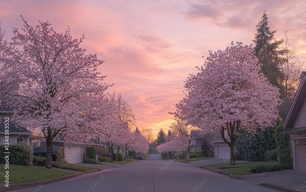 Cherry blossom trees in full bloom with a dreamy pastel pink sky Cherry blossom trees in full bloom with a dreamy pastel pink sky