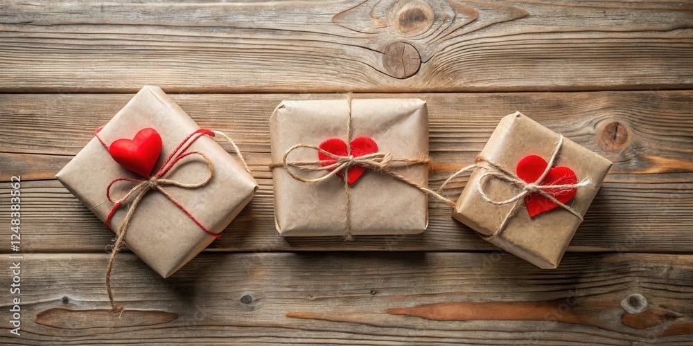 Rustic Wooden Background Featuring Three Wrapped Gifts Adorned with Red Hearts Rustic Wooden Background Featuring Three Wrapped Gifts Adorned with Red Hearts