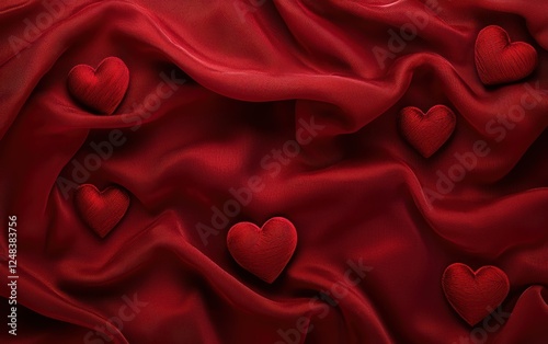 Chic mockup background with space for text featuring elegant deep red velvet fabric with embossed heart shapes and subtle golden lighting for Saint Valentines Day and 8 March International Womens Day