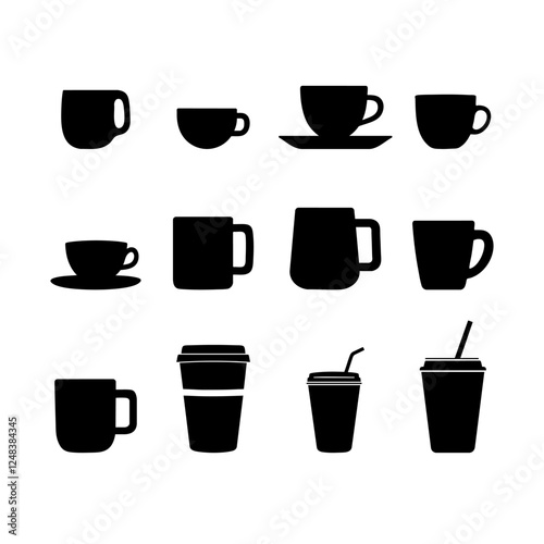 A collection of black silhouettes of various cup and mug shapes, including tea, coffee, and takeaway designs