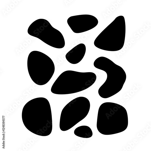Abstract black irregular spots scattered on a white background, creating a random and organic pattern