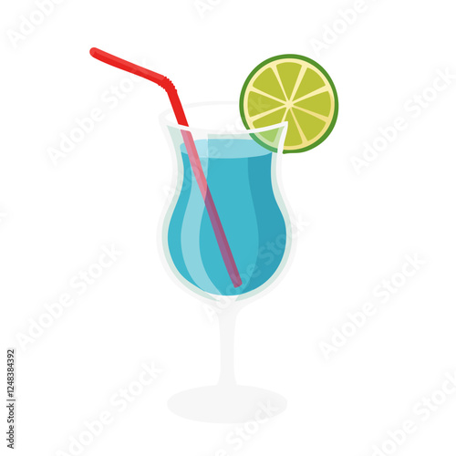 A tall curved glass filled with a bright blue drink, garnished with a lime slice and a red bendy straw