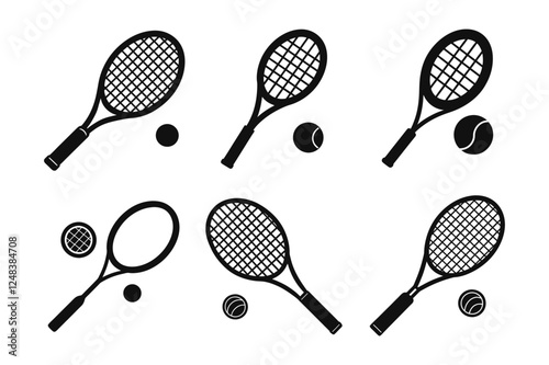 A-tennis-racket-and-ball-on-the-ground black silhouette vector.