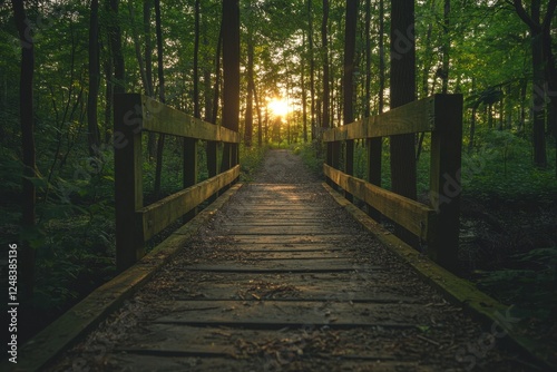 Wooden bridge path, sunlit forest, tranquil walkway, evening light photo