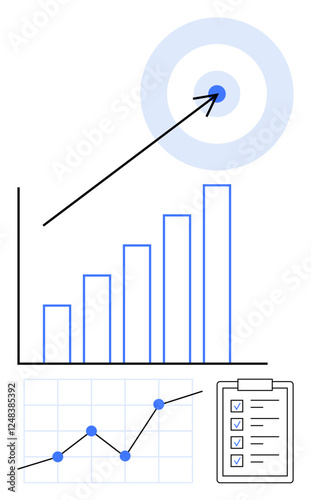 Bar chart with upward trend arrow, line graph with data points, checklist, and target with bullseye. Ideal for productivity, success metrics, goal setting, analytics, strategy planning abstract