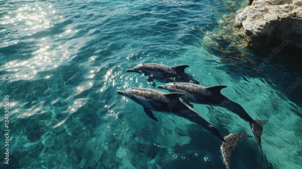 Fototapeta premium Pod of Dolphins Swimming in Crystal-Clear Ocean Waters