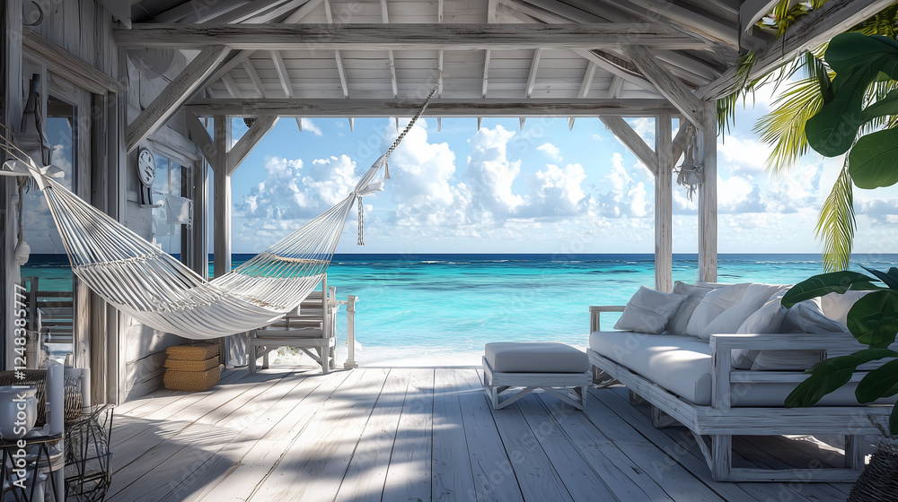 Fototapeta premium A cozy beachside bungalow with white wooden furniture, soft cushions, and a hammock swaying in the breeze. The turquoise ocean and clear skies stretch into the horizon, evoking peace and tranquility.