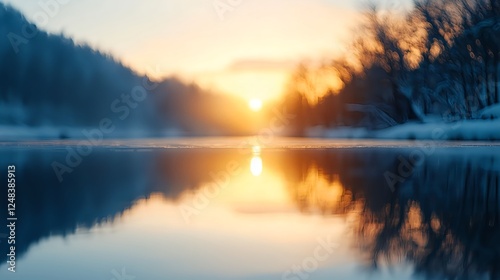 Winter Sunrise Over Frozen Lake Golden Hour Reflection