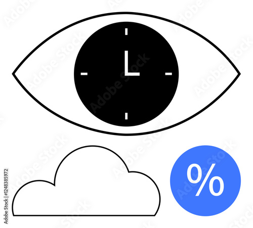 Eye-shaped clock symbolizing time management cloud shape indicating cloud storage or thinking percentage sign enclosed in blue circle representing data analysis. Ideal for business, productivity